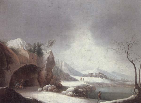 unknow artist A winter landscpae with travellers gathered aroubnd a fire in a grotto,overlooding a lake,a monastery beyond Spain oil painting art